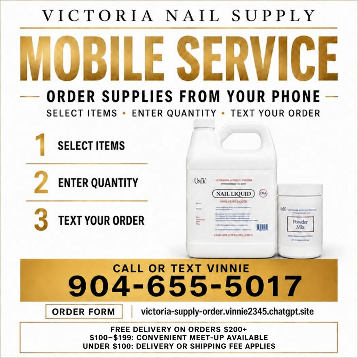 Victoria Nail Supply Mobile Service — free delivery from $200; delivery or shipping fee applies under $100